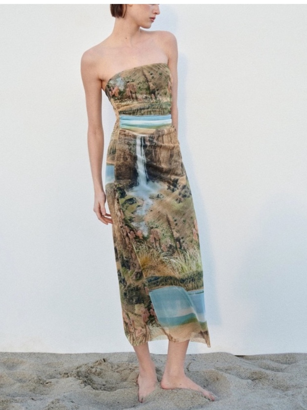 Zara landscape print mesh strapless bodycon dress